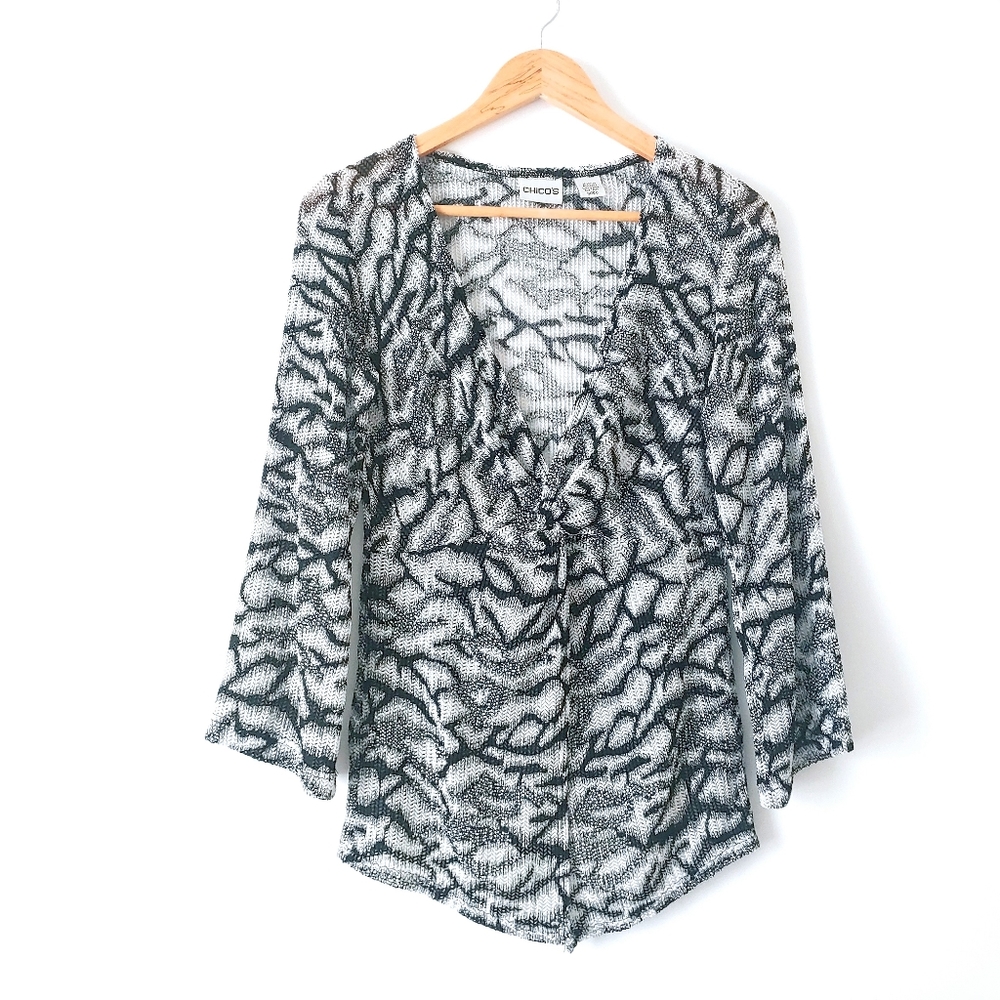 Chico's Crochet Deep V-Neck Long Sleeve Cover Up Top Sz 0